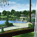 Garden Landscape View From Window With Swimming Pool Gazebo And Colorful Flowers