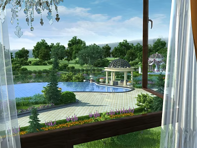 Garden Landscape View From Window With Swimming Pool Gazebo And Colorful Flowers 3d model