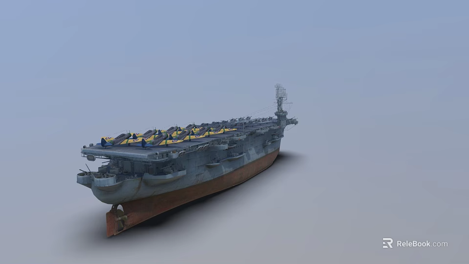 Aircraft Carrier Military Ship with Deck and Parked Military Aircraft on Ocean Surface 3d model 
