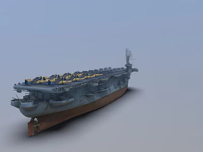 Aircraft Carrier Military Ship with Deck and Parked Military Aircraft on Ocean Surface 3d model