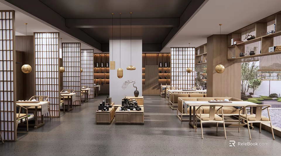 Traditional Chinese Tea House Interior Design With Wooden Lattice Partitions And Pendant Lights 3d model 