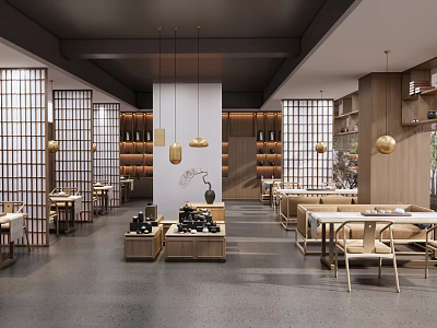 Traditional Chinese Tea House Interior Design With Wooden Lattice Partitions And Pendant Lights 3d model