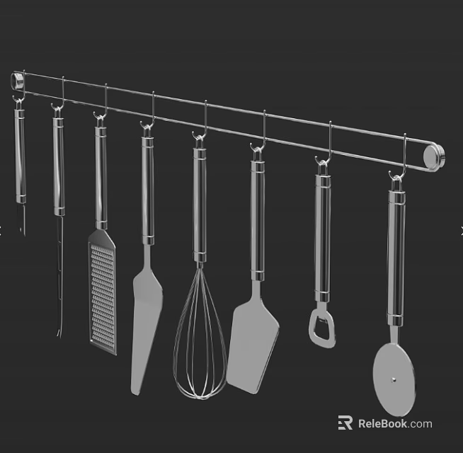 Kitchen Utensils Hanging on Metal Rod with Spatula Whisk Grater and Cooking Tools 3d model 