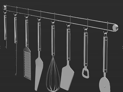 Kitchen Utensils Hanging on Metal Rod with Spatula Whisk Grater and Cooking Tools 3d model