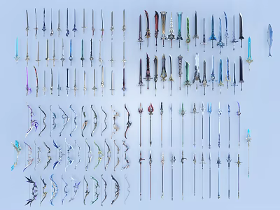 Various Fantasy Weapon Collection with Swords Bows Staves and Daggers Arranged Neatly 3d model