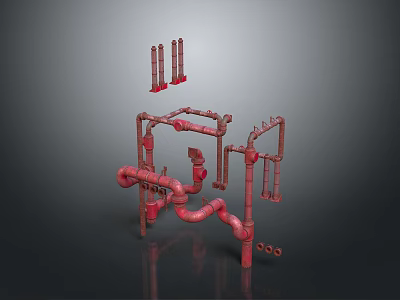 Red Industrial Piping Equipment With Metal Pipes Fittings And Support Structures 3d model