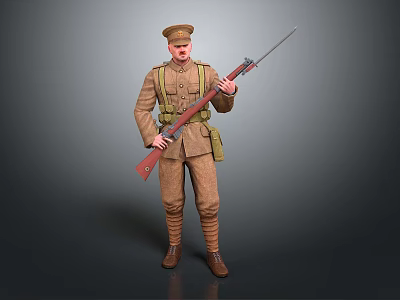 Detailed Game Movie Character In Brown Military Uniform Holding Rifle Standing Pose 3d model