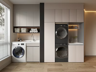 Modern Bathroom Cabinetry with Washing Machine Dryer and White Gray Storage in Bright Interior 3d model