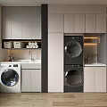 Modern Bathroom Cabinetry with Washing Machine Dryer and White Gray Storage in Bright Interior