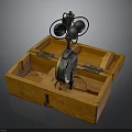 Vintage Wooden Box Featuring Metal Fan Blades And Old Instrument Components