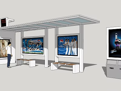 Modern Bus Stop with Shelter Benches Advertising Billboards and Digital Screen 3d model