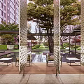Garden Landscape With Glass Roof Outdoor Seating Water Feature And Red Maple Trees