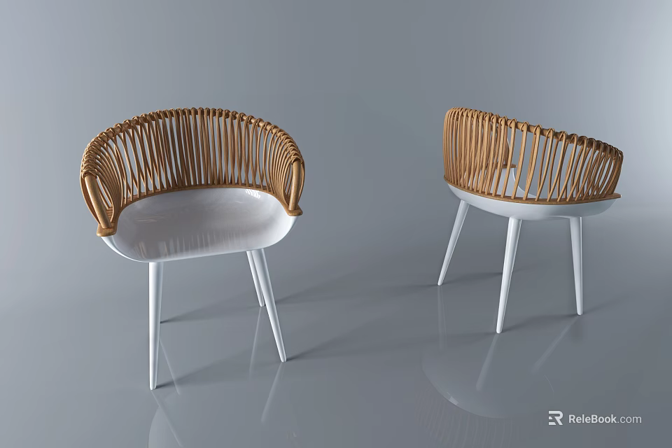 Pair of Modern Wicker Armchairs with White Legs and Curved Design 3d model 