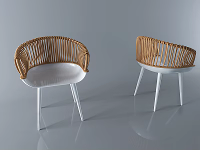 Pair of Modern Wicker Armchairs with White Legs and Curved Design 3d model