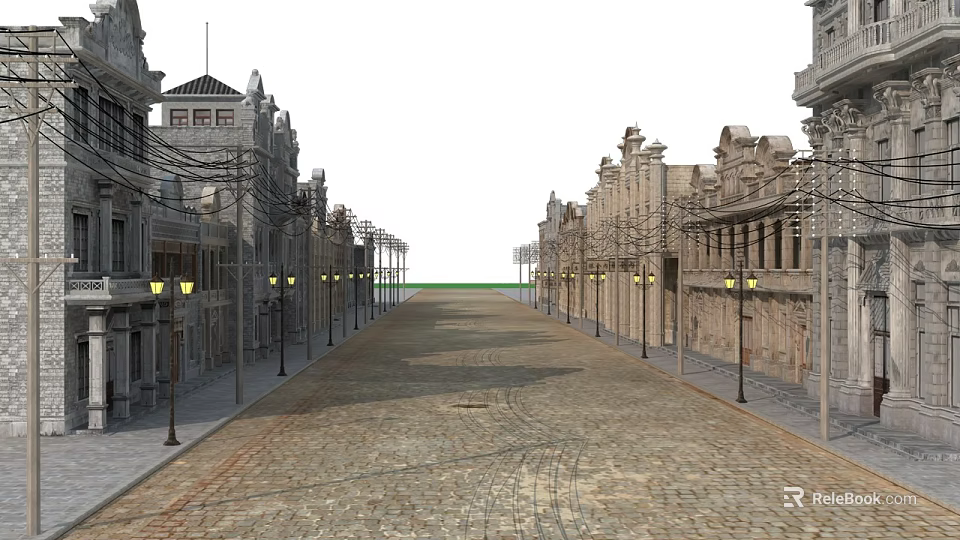 Vintage Style Commercial Street With Historic Buildings Cobblestone Pavement And Street Lamps 3d model 