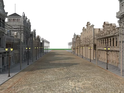Vintage Style Commercial Street With Historic Buildings Cobblestone Pavement And Street Lamps 3d model