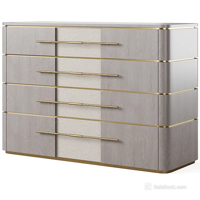 Modern Gray Wood Dresser With Five Drawers And Gold Handles Trim Design 3d model 