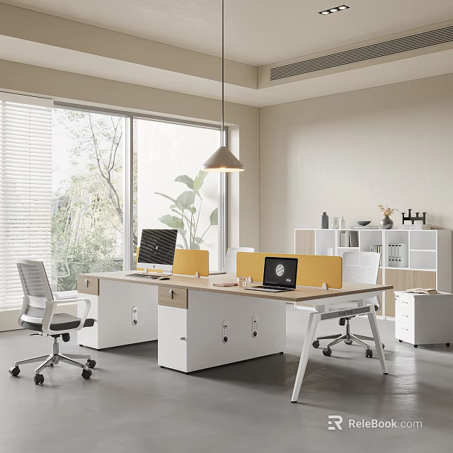 Modern Office Desk Workspace With White Chairs Laptops Filing Cabinets And Pendant Light 3d model 