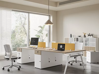 Modern Office Desk Workspace With White Chairs Laptops Filing Cabinets And Pendant Light 3d model