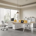 Modern Office Desk Workspace With White Chairs Laptops Filing Cabinets And Pendant Light