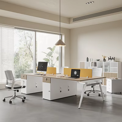 Modern Office Desk Workspace With White Chairs Laptops Filing Cabinets And Pendant Light 3d model