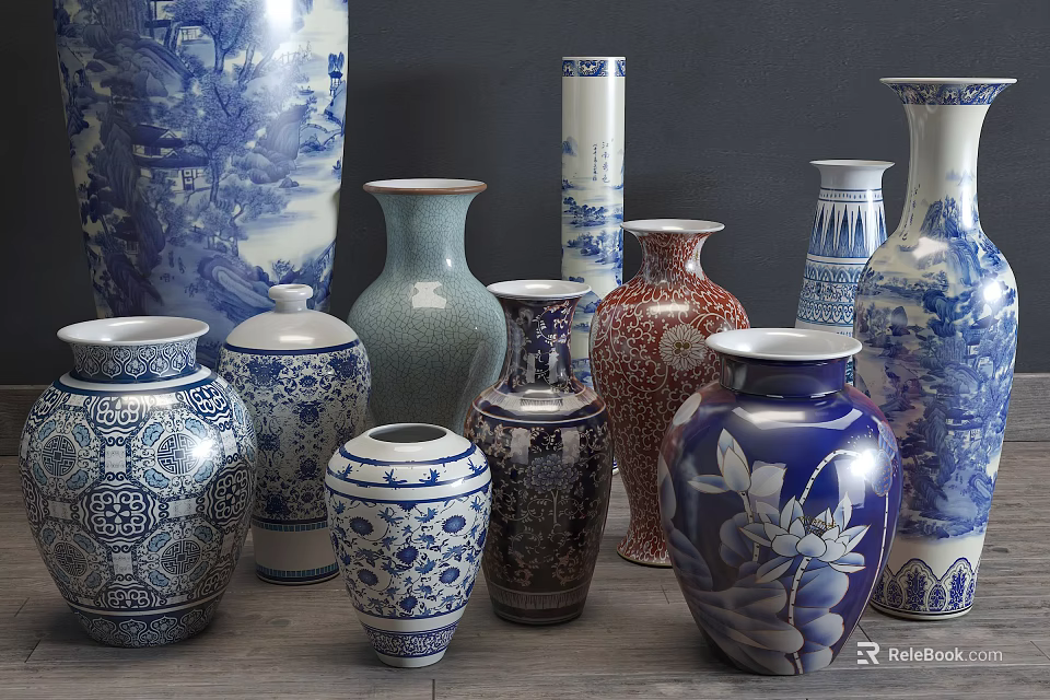 Various Shaped Decorative Ceramic Vases With Blue White Red Patterns 3d model