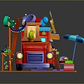 Cartoon Red Food Truck Serving Coffee With Umbrella And Plants