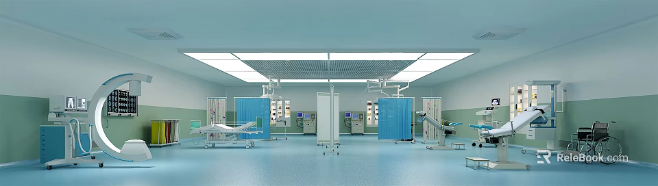 Hospital Outpatient Department Interior With Surgical Beds Medical Equipment Blue Curtains And Ceiling Lights 3d model 