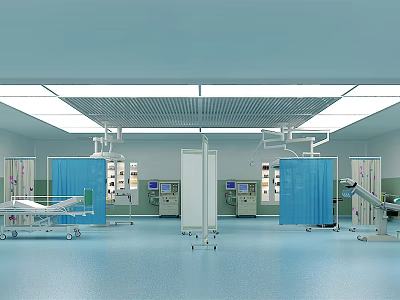 Hospital Outpatient Department Interior With Surgical Beds Medical Equipment Blue Curtains And Ceiling Lights 3d model