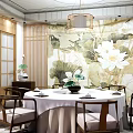 Elegant Private Dining Room Interior With Lotus Mural Round Table White Tablecloth And Wooden Chairs