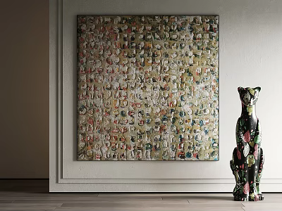 Artistic Colorful Large Painting With Leopard Sculpture In Modern Interior Decor 3d model
