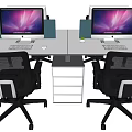 Modern Office Desk Setup With Two Computer Monitors Black Mesh Chairs And Central Cabinet 3d model