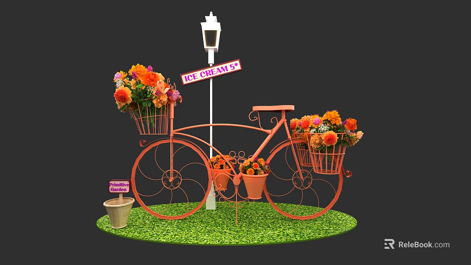 Vibrant Floral Display With Orange Bicycle Flower Baskets Street Lamp And PET GARDEN Sign 3d model 