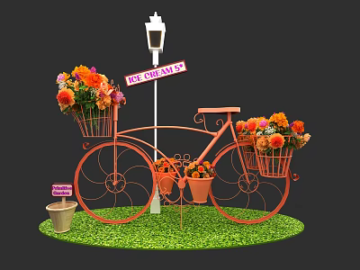 Vibrant Floral Display With Orange Bicycle Flower Baskets Street Lamp And PET GARDEN Sign 3d model