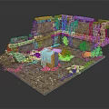 Modern Ruin Scene With Stone Walls Green Plants Slate Floor And Steps