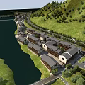 Aerial Planning View of Riverfront Traditional Building Complex with Green Trees and Roads