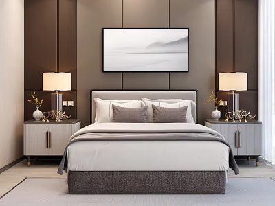 Modern Double Bed with Dark Paneled Headboard Wall Abstract Landscape Artwork and Light Gray Nightstands 3d model