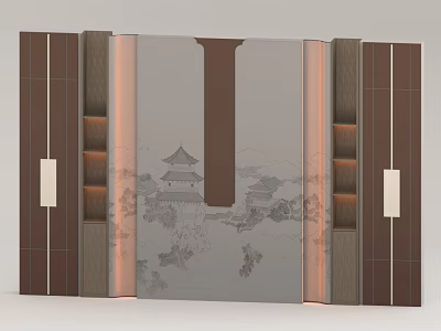 Chinese Style Background Wall With Landscape Painting Pagoda Wooden Frame And Lighting Shelves 3d model