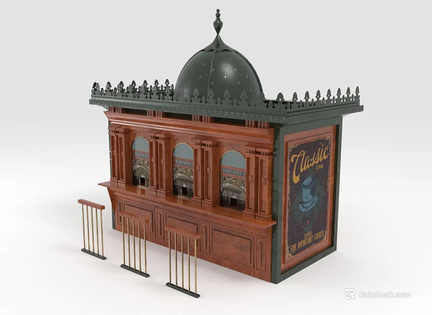 Wooden Chocolat Shop Model With Domed Roof Arched Windows And Fence Railings 3d model 