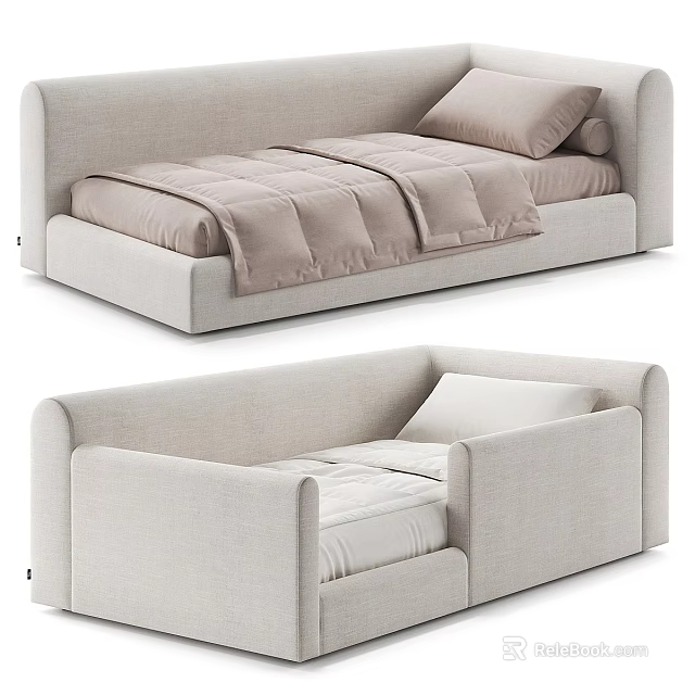 Modern Minimalist Light Gray Upholstered Single Bed Design With Quilt And Pillow 3d model 