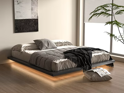 Modern Double Bed with Gray Bedding LED Light Frame Window Green Plant and Wall Art 3d model