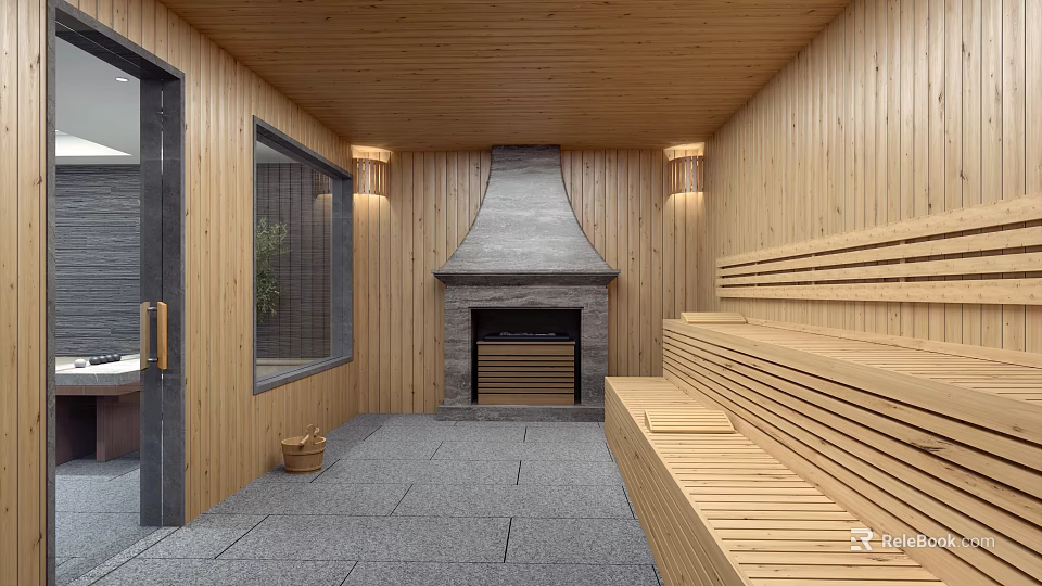 Cozy Sauna Interior Design With Wooden Walls Benches Fireplace And Stone Floor 3d model 
