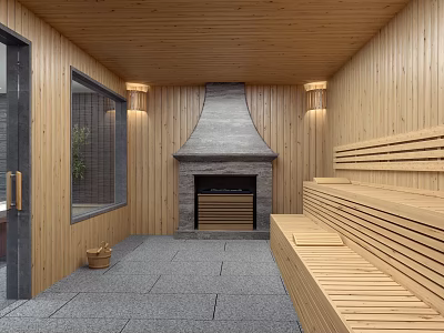 Cozy Sauna Interior Design With Wooden Walls Benches Fireplace And Stone Floor 3d model