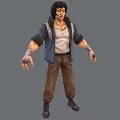 Man In Detailed 3D Character Design With White Tank Top Blue Jacket Brown Pants Black Shoes