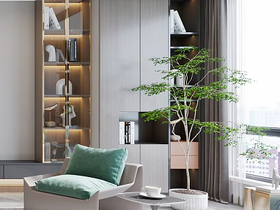 Modern Living Room Interior With Beige Sofa Green Cushion Bookshelf And Green Plant 3d model