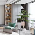 Modern Living Room Interior With Beige Sofa Green Cushion Bookshelf And Green Plant