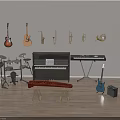Assorted Musical Instruments and Art Supplies Featuring Guitars Piano Drum Set Saxophone and Trumpet