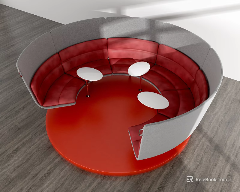 Round Multi Person Sofa Featuring Red Seats Gray Panels And White Small Tables 3d model 