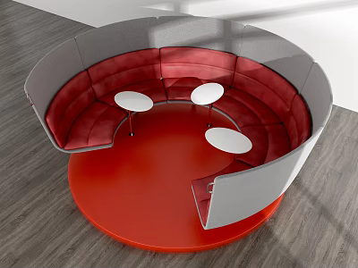 Round Multi Person Sofa Featuring Red Seats Gray Panels And White Small Tables 3d model