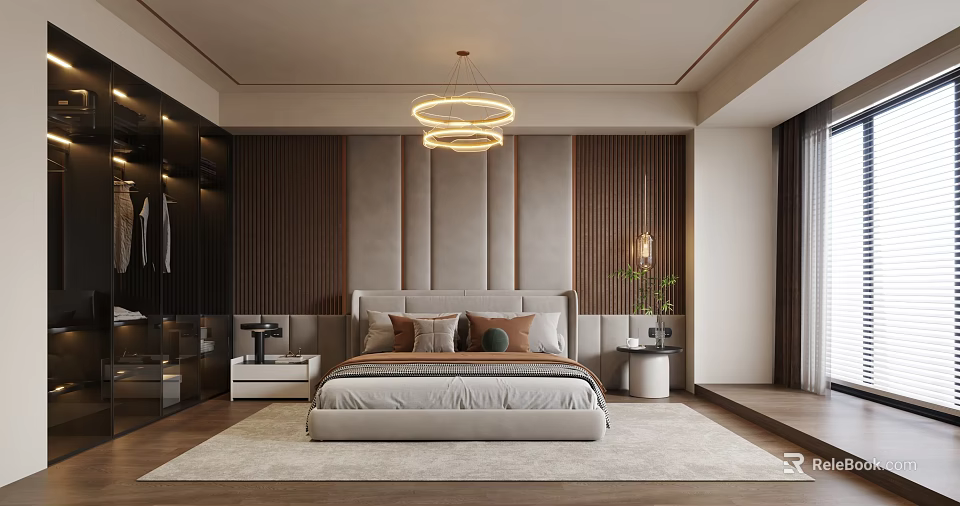 Modern Bedroom Double Bed With Gray Upholstered Bedhead Wall Wooden Slats And Circular Pendant Lights 3d model 